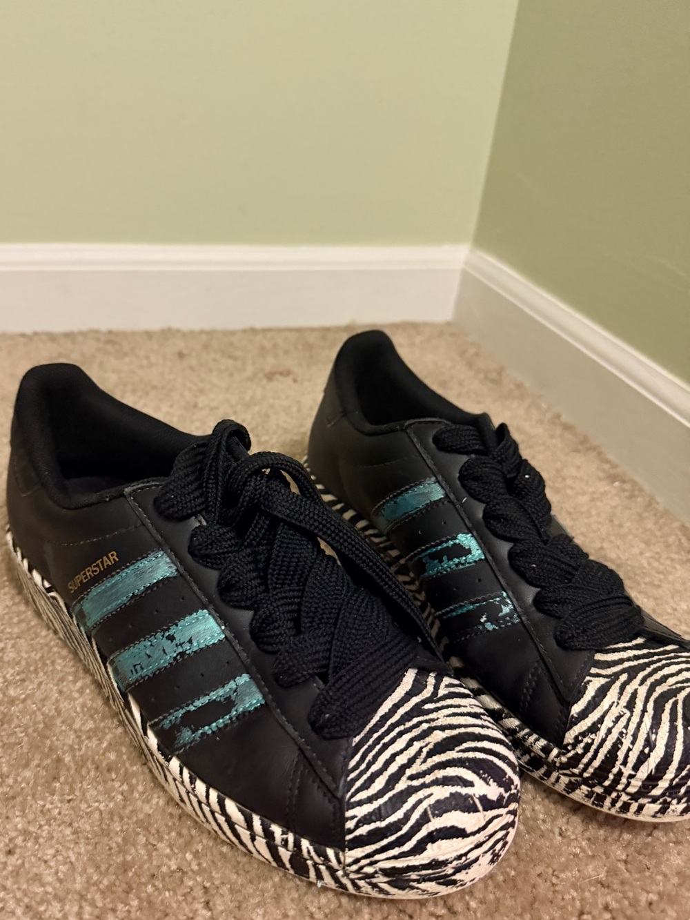 Limited edition adidas Black Sneakers with Teal Stripes and Zebra-Print Toe
